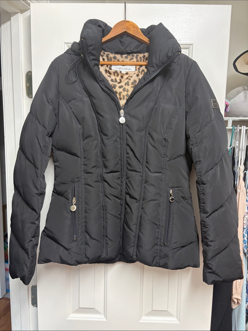 Calvin Klein Black Quilted Puffer Jacket with Leopard-Print Lining